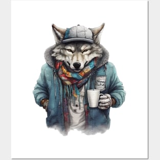 Wolf wearing a jacket holding a cup coffee Posters and Art